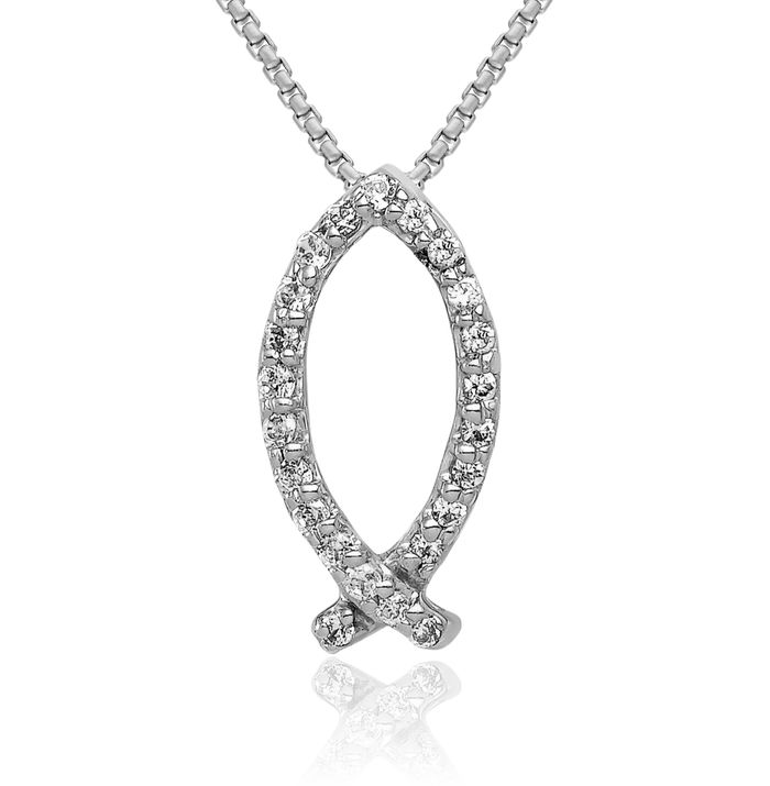 14K Solid White Gold Diamond Ichthus Fish Symbol Floating Chain Slide Pendant Necklace Religious Christian Jesus Christ Charm