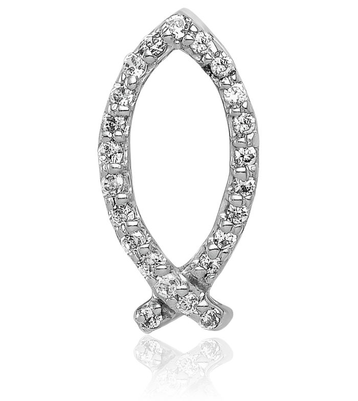 14K Solid White Gold Diamond Ichthus Fish Symbol Floating Chain Slide Pendant Necklace Religious Christian Jesus Christ Charm