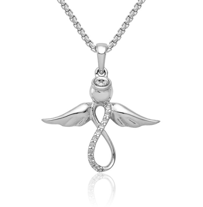 14K Solid White Gold Diamond Infinity Twisted Love Knot Symbol Guardian Angel Wings Necklace Protect Us Cherub Pendant Religious Charm