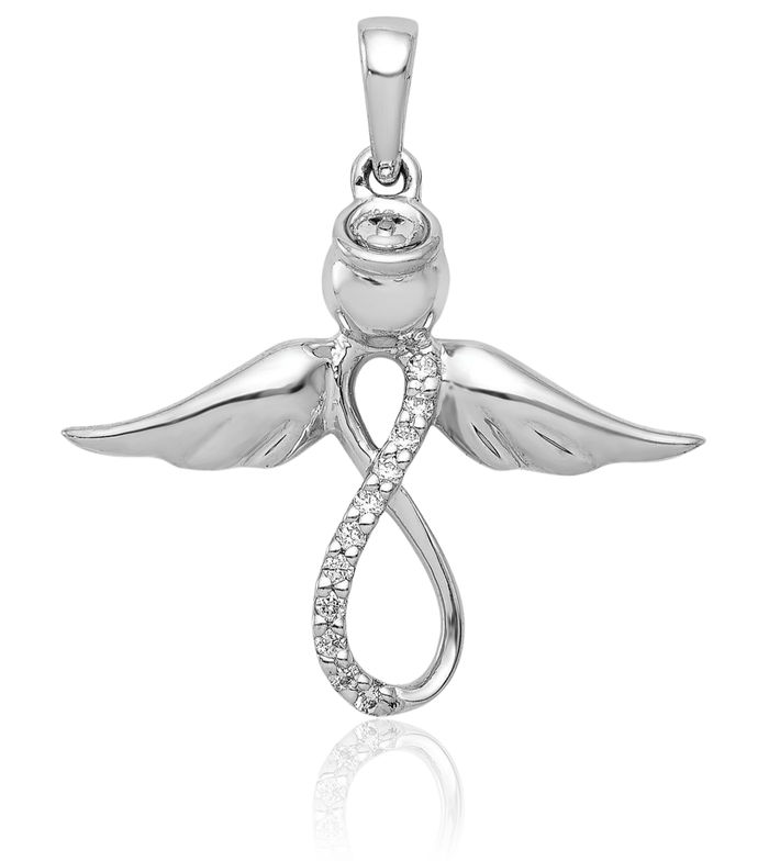 14K Solid White Gold Diamond Infinity Twisted Love Knot Symbol Guardian Angel Wings Necklace Protect Us Cherub Pendant Religious Charm