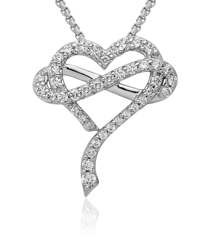 14K Solid White Gold Diamond Infinity Twisted Love Knot Symbol Heart Floating Chain Slide Pendant Necklace Charm