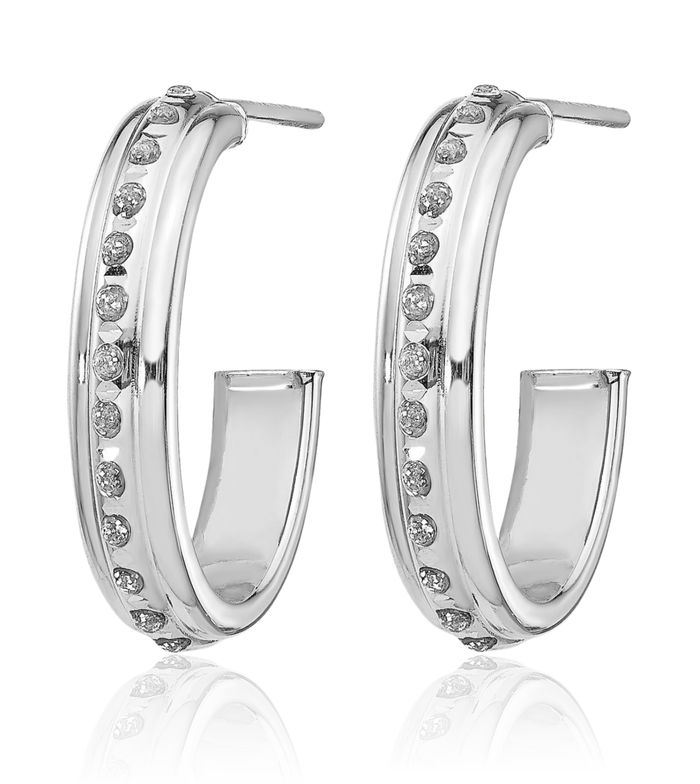 14K Solid White Gold Diamond Post J Hoop Earrings