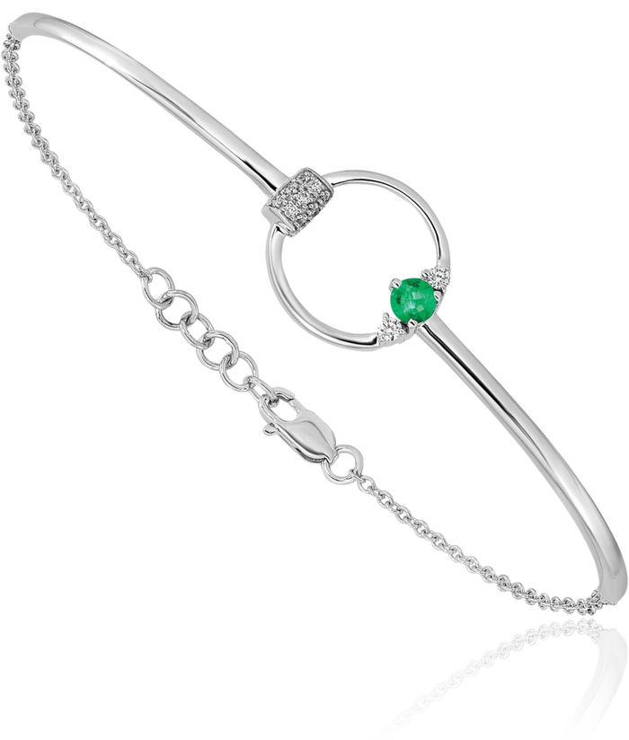 14K Solid White Gold Diamond Lab Green Emerald Circle Round Chain Gemstone Tennis Bracelet