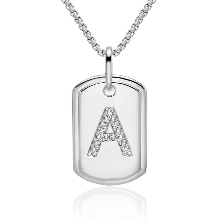 14K Solid White Gold Diamond Dainty Letter A Initial Name Monogram Dog Tag Necklace Chain Pendant Charm