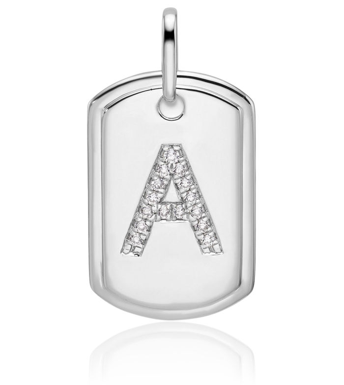 14K Solid White Gold Diamond Dainty Letter A Initial Name Monogram Dog Tag Necklace Chain Pendant Charm