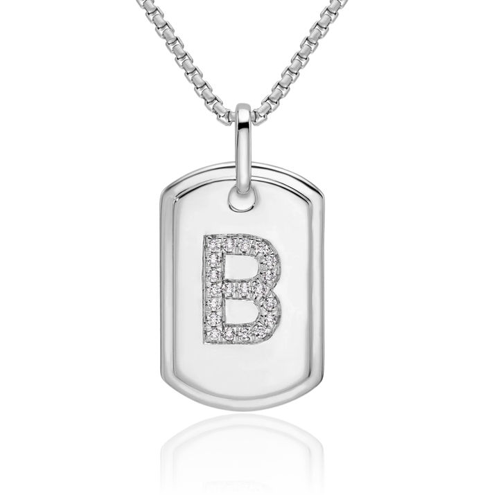 14K Solid White Gold Diamond Dainty Letter B Initial Name Monogram Dog Tag Necklace Chain Pendant Charm