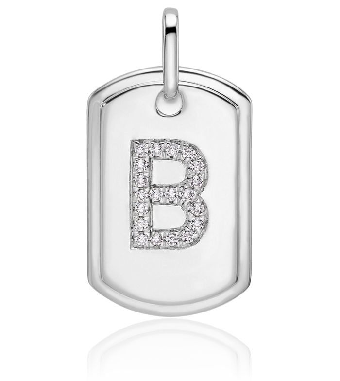 14K Solid White Gold Diamond Dainty Letter B Initial Name Monogram Dog Tag Necklace Chain Pendant Charm