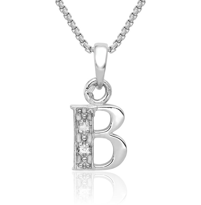 14K Solid White Gold Diamond Dainty Letter B Initial Name Monogram Necklace Chain Pendant Charm