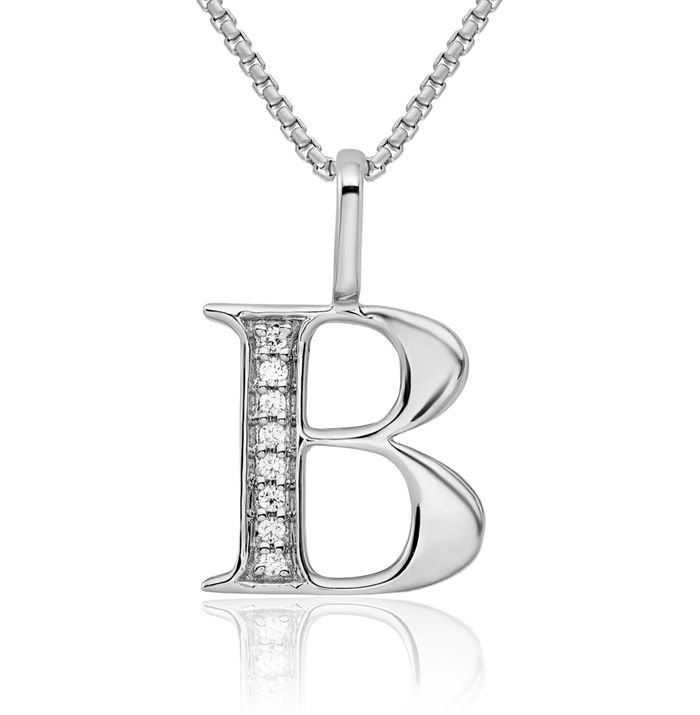 14K Solid White Gold Diamond Dainty Letter B Initial Name Monogram Necklace Chain Pendant Charm