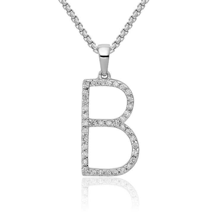 14K Solid White Gold Diamond Dainty Letter B Initial Name Monogram Necklace Chain Pendant Charm