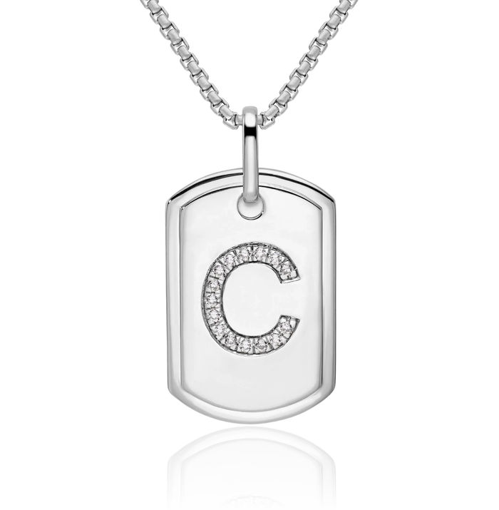 14K Solid White Gold Diamond Dainty Letter C Initial Name Monogram Dog Tag Necklace Chain Pendant Charm