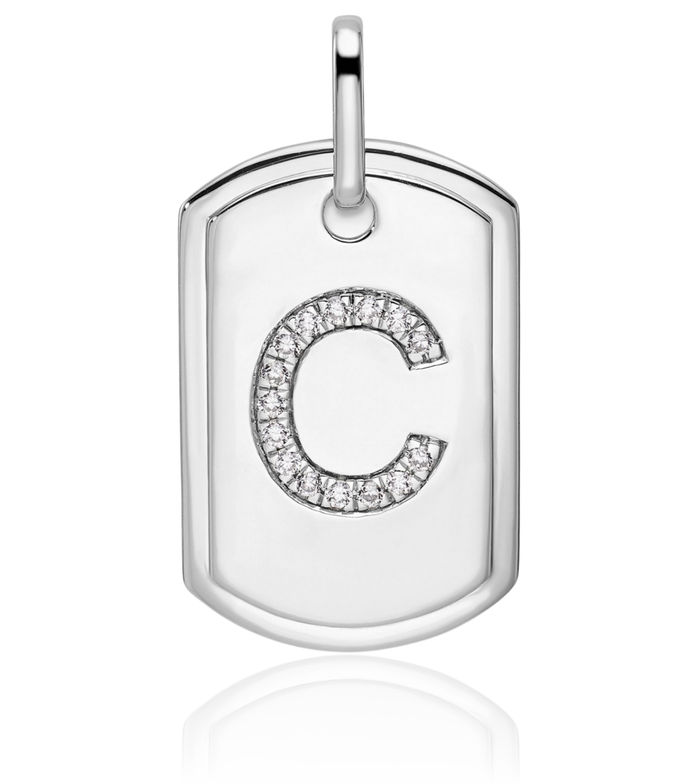 14K Solid White Gold Diamond Dainty Letter C Initial Name Monogram Dog Tag Necklace Chain Pendant Charm