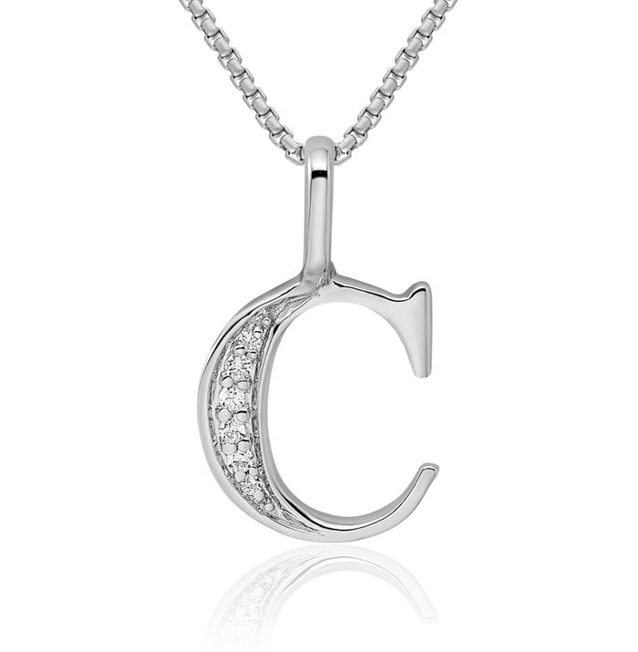 14K Solid White Gold Diamond Dainty Letter C Initial Name Monogram Necklace Chain Pendant Charm