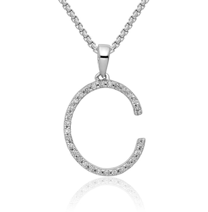 14K Solid White Gold Diamond Dainty Letter C Initial Name Monogram Necklace Chain Pendant Charm