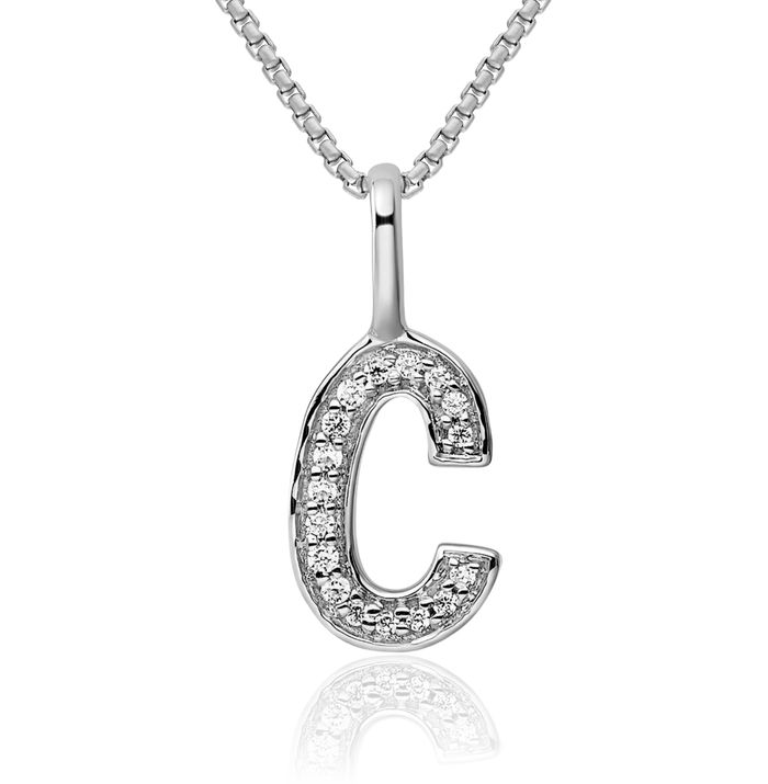 14K Solid White Gold Diamond Dainty Letter C Initial Name Monogram Necklace Chain Pendant Charm