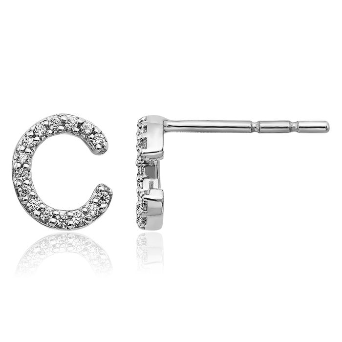 14K Solid White Gold Diamond Dainty Letter C Initial Name Monogram Stud Earrings