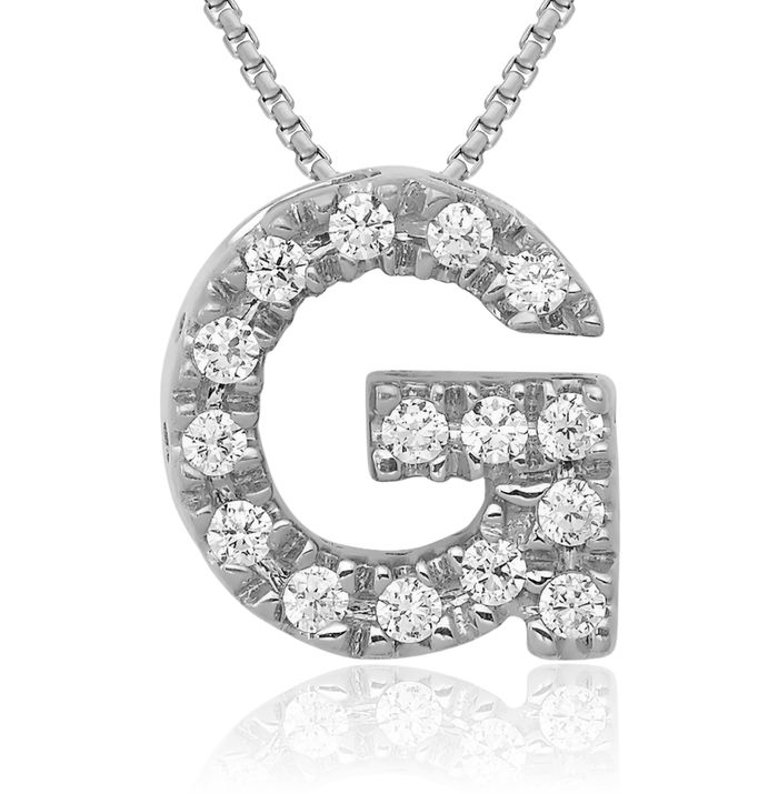 14K Solid White Gold Diamond Dainty Letter G Initial Name Monogram Chain Necklace Pendant Charm