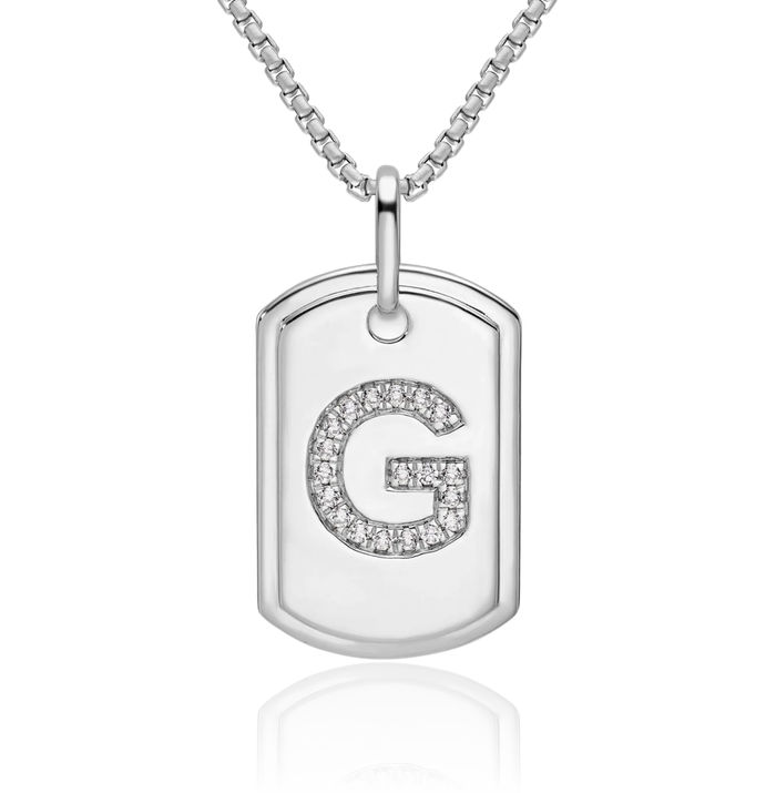 14K Solid White Gold Diamond Dainty Letter G Initial Name Monogram Dog Tag Necklace Chain Pendant Charm