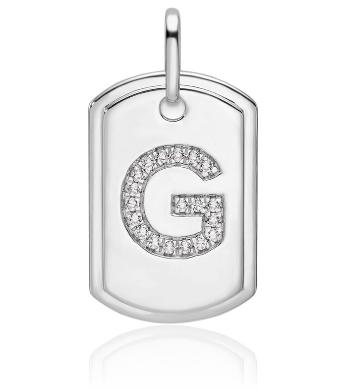 14K Solid White Gold Diamond Dainty Letter G Initial Name Monogram Dog Tag Necklace Chain Pendant Charm