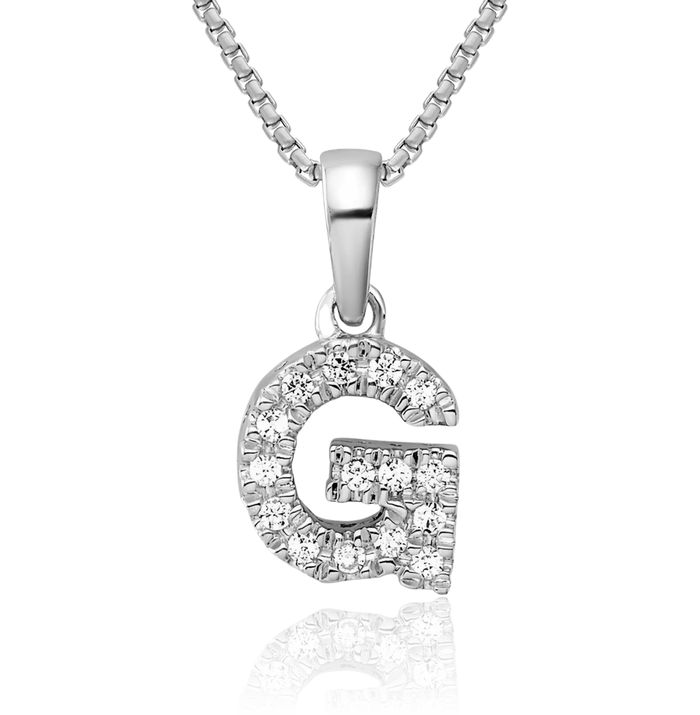 14K Solid White Gold Diamond Dainty Letter G Initial Name Monogram Necklace Chain Pendant Charm