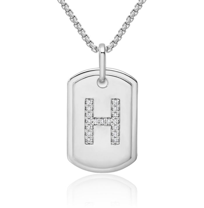 14K Solid White Gold Diamond Dainty Letter H Initial Name Monogram Dog Tag Necklace Chain Pendant Charm