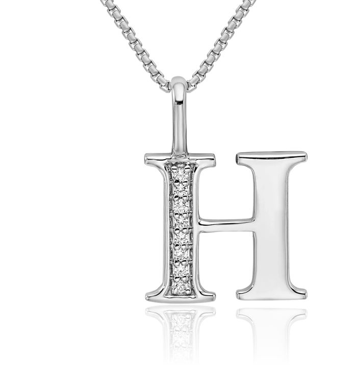 14K Solid White Gold Diamond Dainty Letter H Initial Name Monogram Necklace Chain Pendant Charm