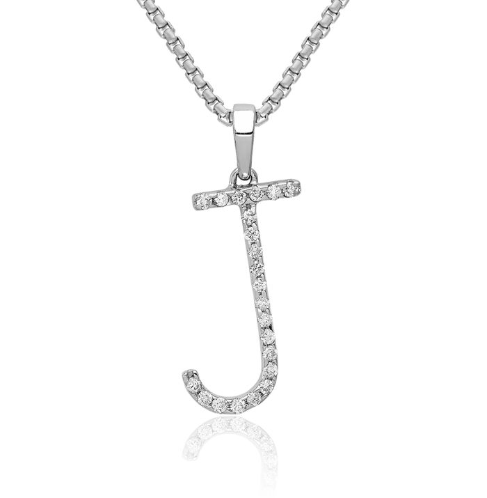 14K Solid White Gold Diamond Dainty Letter J Initial Name Monogram Necklace Chain Pendant Charm