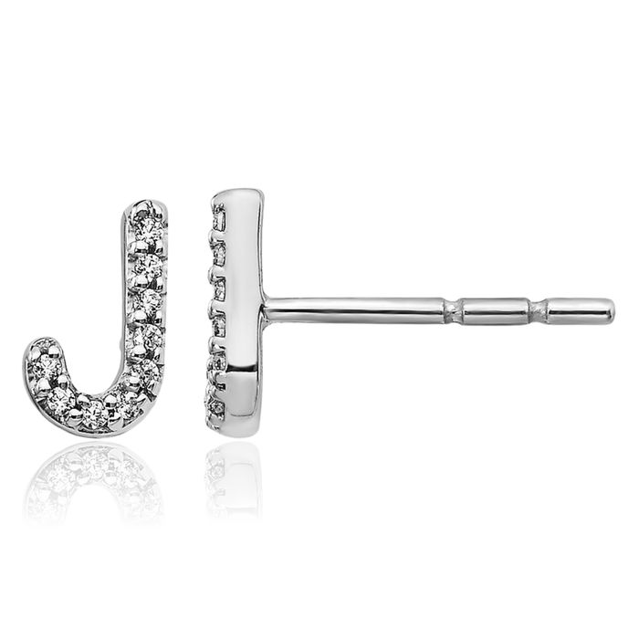 14K Solid White Gold Diamond Dainty Letter J Initial Name Monogram Stud Earrings
