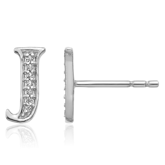14K Solid White Gold Diamond Dainty Letter J Initial Name Monogram Stud Earrings