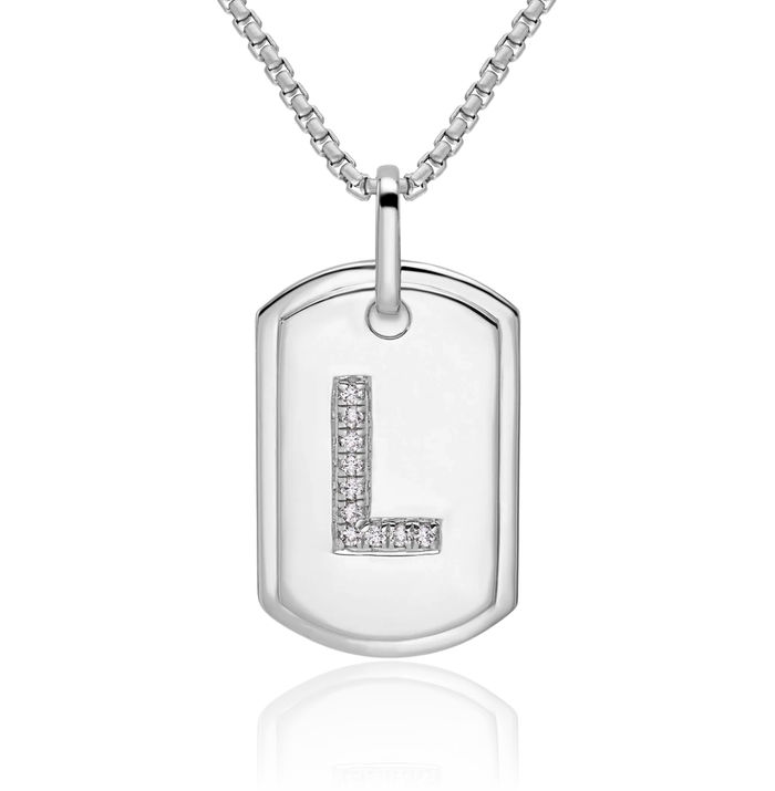 14K Solid White Gold Diamond Dainty Letter L Initial Name Monogram Dog Tag Necklace Chain Pendant Charm