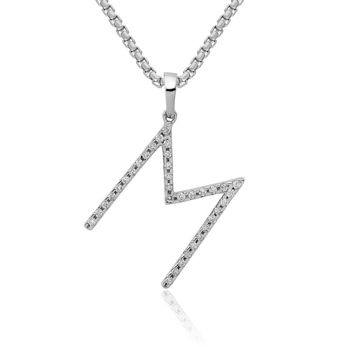 14K Solid White Gold Diamond Dainty Letter M Initial Name Monogram Necklace Chain Pendant Charm