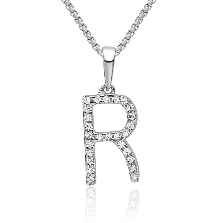 14K Solid White Gold Diamond Dainty Letter R Initial Name Monogram Necklace Chain Pendant Charm