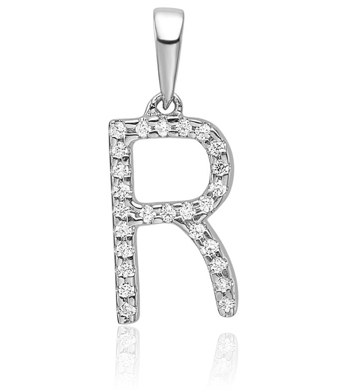 14K Solid White Gold Diamond Dainty Letter R Initial Name Monogram Necklace Chain Pendant Charm