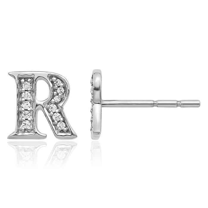 14K Solid White Gold Diamond Dainty Letter R Initial Name Monogram Stud Earrings