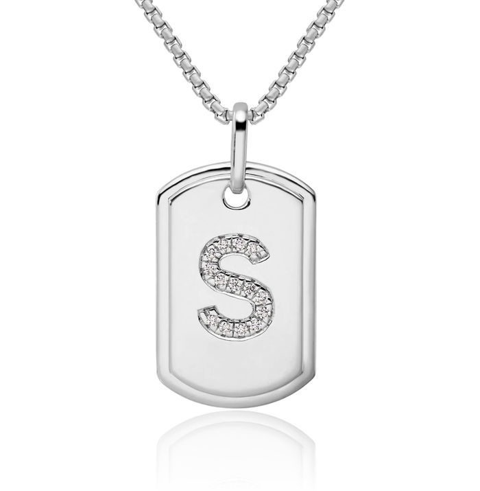 14K Solid White Gold Diamond Dainty Letter S Initial Name Monogram Dog Tag Necklace Chain Pendant Charm