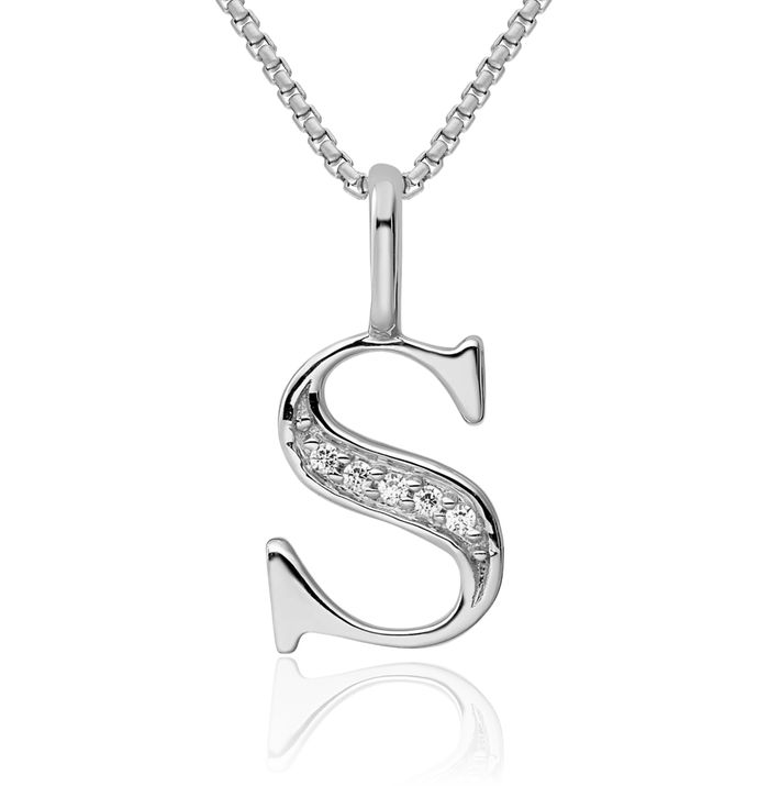 14K Solid White Gold Diamond Dainty Letter S Initial Name Monogram Necklace Chain Pendant Charm