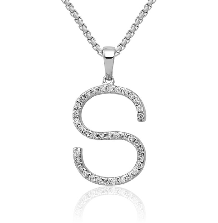 14K Solid White Gold Diamond Dainty Letter S Initial Name Monogram Necklace Chain Pendant Charm