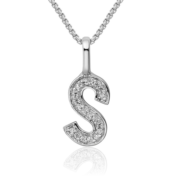 14K Solid White Gold Diamond Dainty Letter S Initial Name Monogram Necklace Chain Pendant Charm