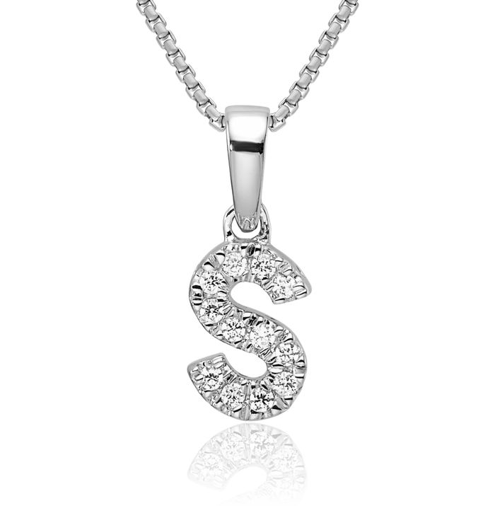 14K Solid White Gold Diamond Dainty Letter S Initial Name Monogram Necklace Chain Pendant Charm