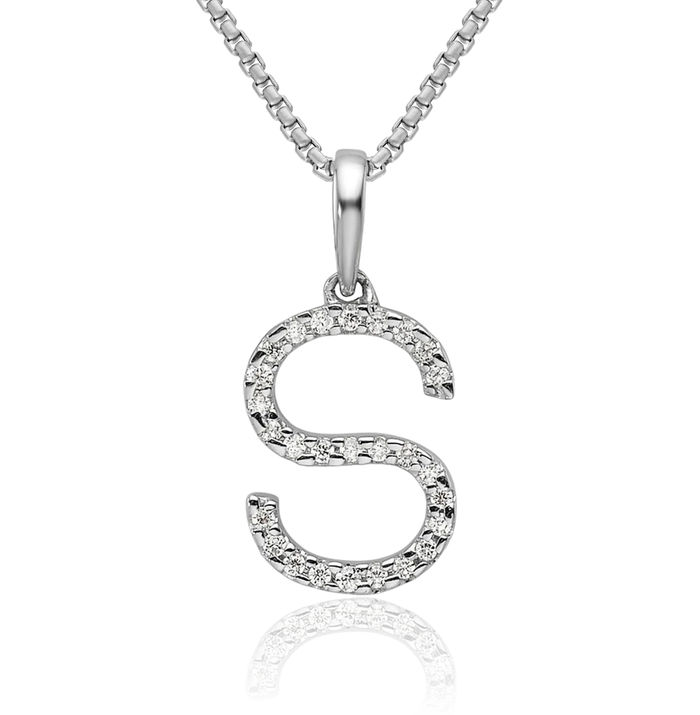 14K Solid White Gold Diamond Dainty Letter S Initial Name Monogram Necklace Chain Pendant Charm