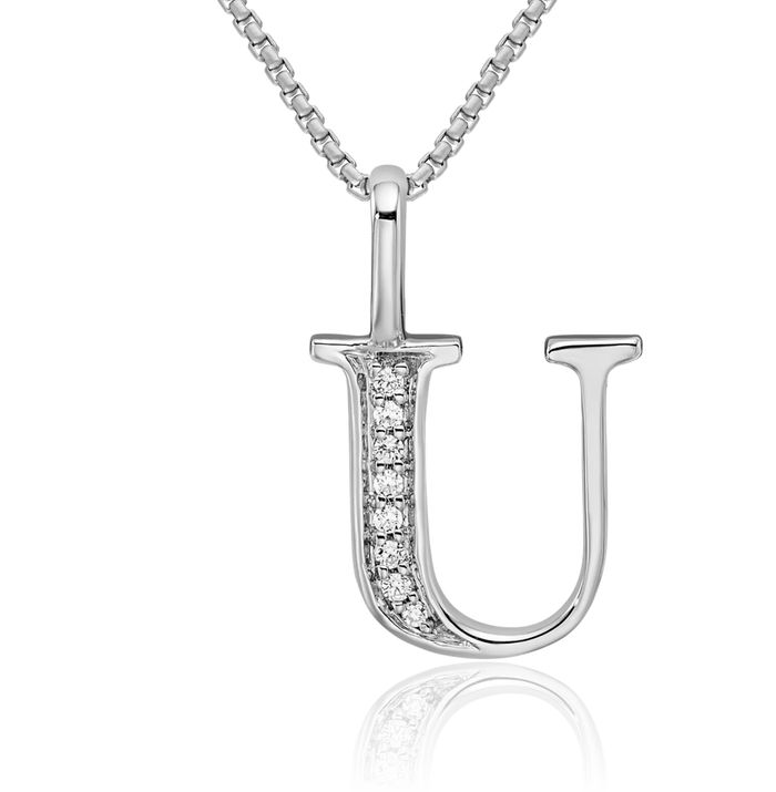 14K Solid White Gold Diamond Dainty Letter U Initial Name Monogram Necklace Chain Pendant Charm