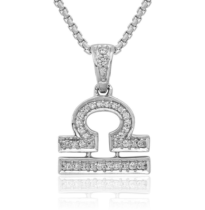 14K Solid White Gold Diamond Libra Zodiac Necklace Scale Balance Horoscope Pendant September October Birthday Charm Astrology Jewelry