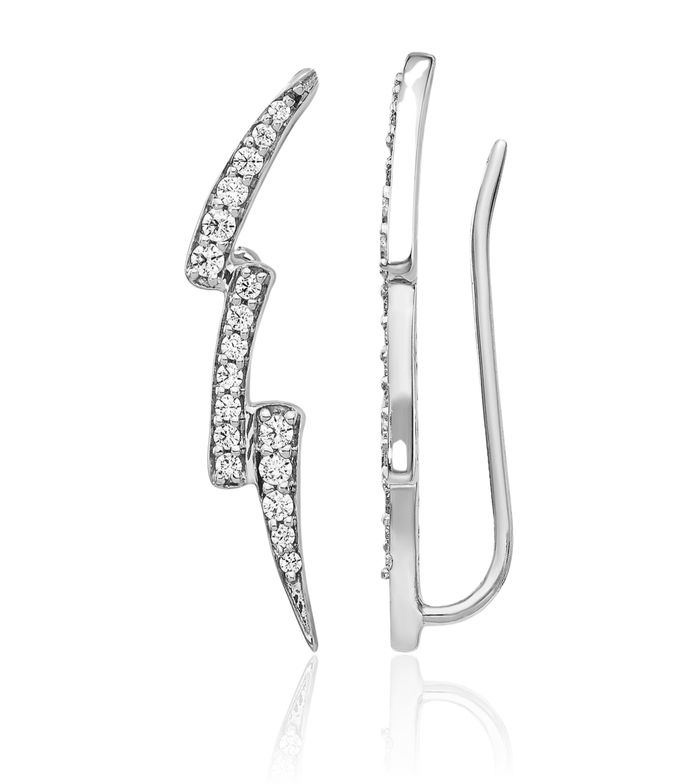 14K Solid White Gold Diamond Lightning Ear Climber Drop Dangle Earrings