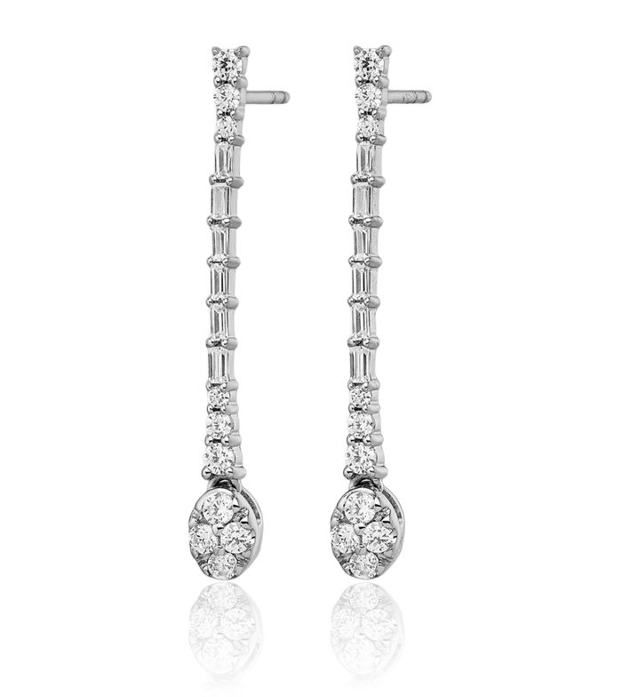 14K Solid White Gold Diamond Line Bar Drop Dangle Earrings