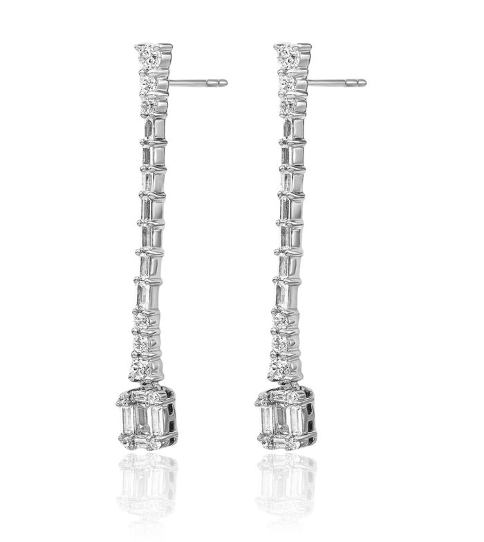 14K Solid White Gold Diamond Line Bar Drop Dangle Earrings