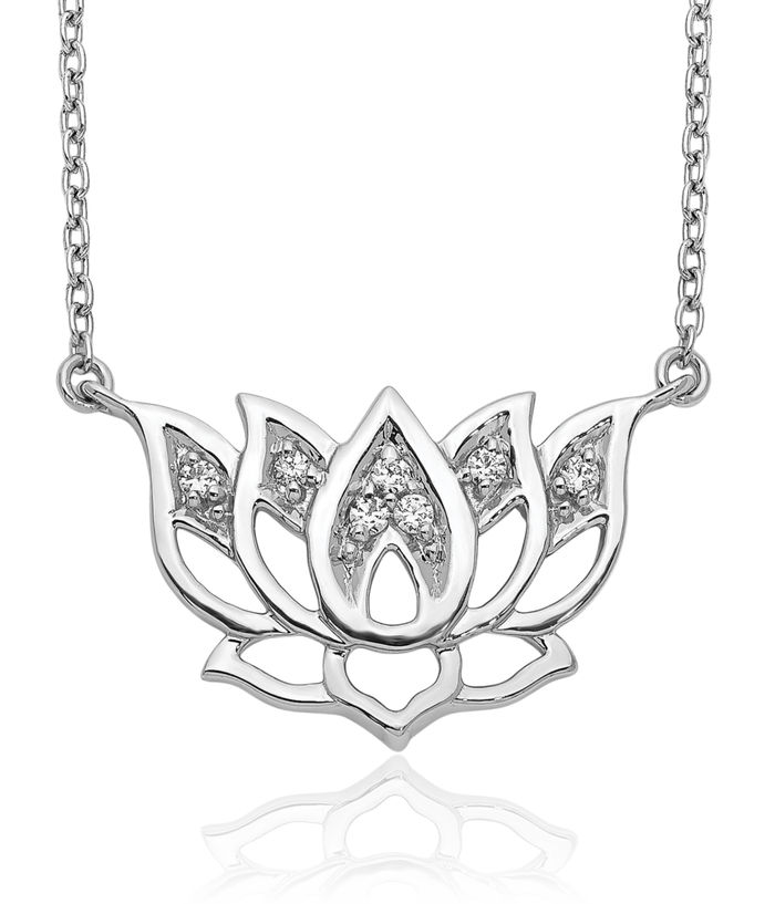 14K Solid White Gold Diamond Lotus Flower Necklace Chain