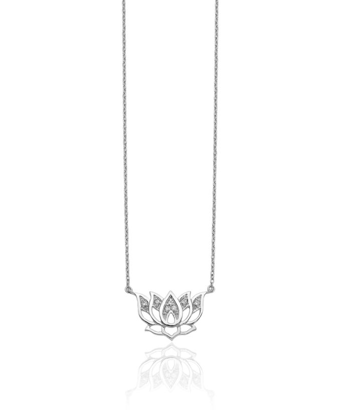 14K Solid White Gold Diamond Lotus Flower Necklace Chain