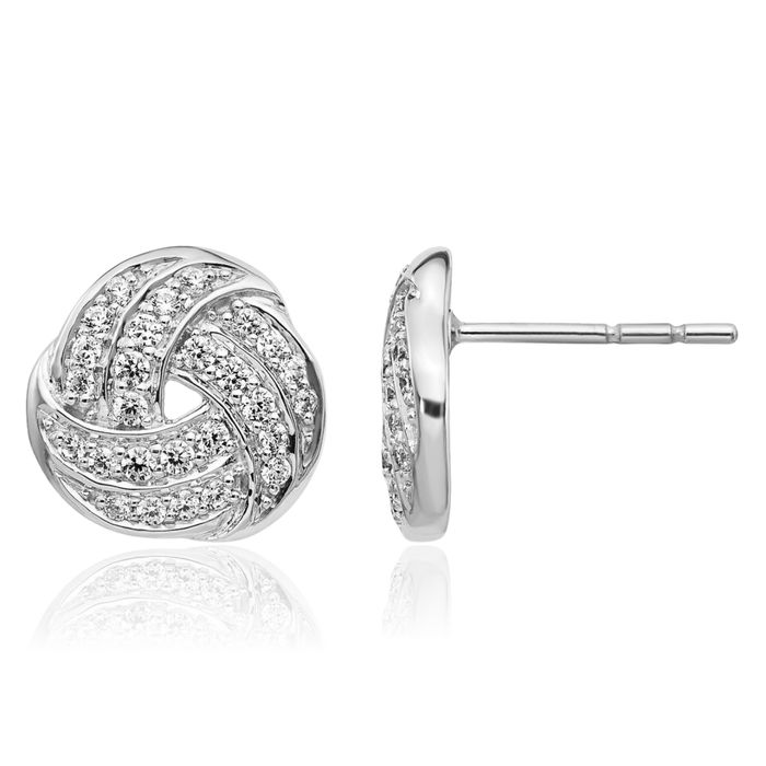 14K Solid White Gold Diamond Twisted Love Knot Symbol Stud Earrings