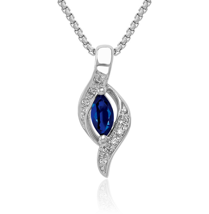 14K Solid White Gold Diamond Marquise Blue Sapphire Necklace Charm Gemstone Pendant