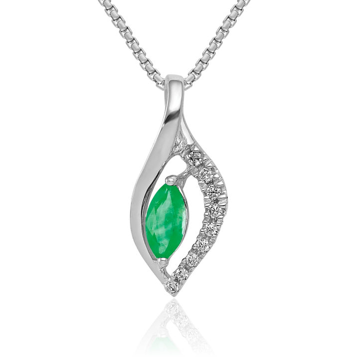 14K Solid White Gold Diamond Marquise Green Emerald Necklace Charm Gemstone Pendant